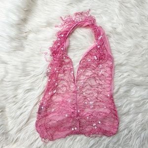 Sabra Sheer Pink Sequin Halter Top ties in back